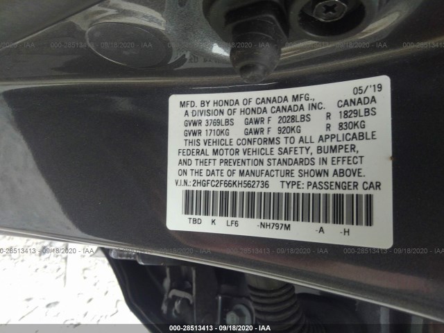 Photo 8 VIN: 2HGFC2F66KH562736 - HONDA CIVIC SEDAN 