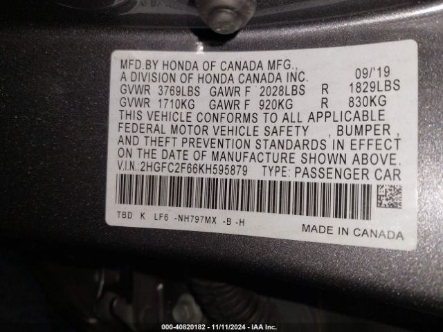 Photo 8 VIN: 2HGFC2F66KH595879 - HONDA CIVIC 