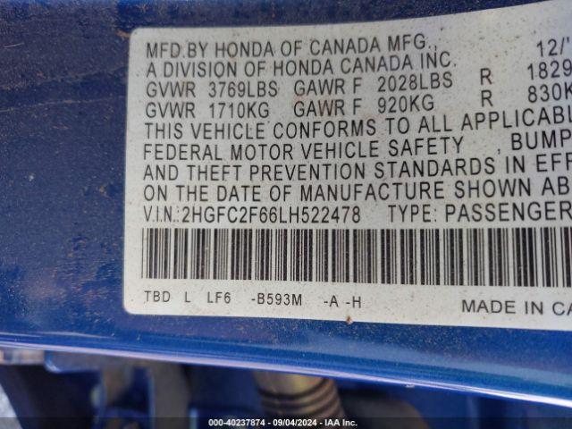 Photo 8 VIN: 2HGFC2F66LH522478 - HONDA CIVIC 