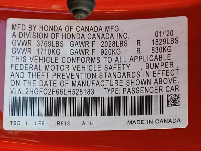 Photo 9 VIN: 2HGFC2F66LH528183 - HONDA CIVIC LX 