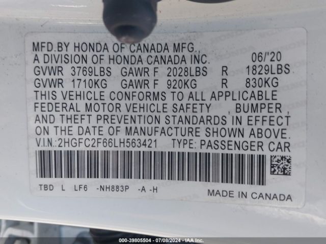 Photo 8 VIN: 2HGFC2F66LH563421 - HONDA CIVIC 