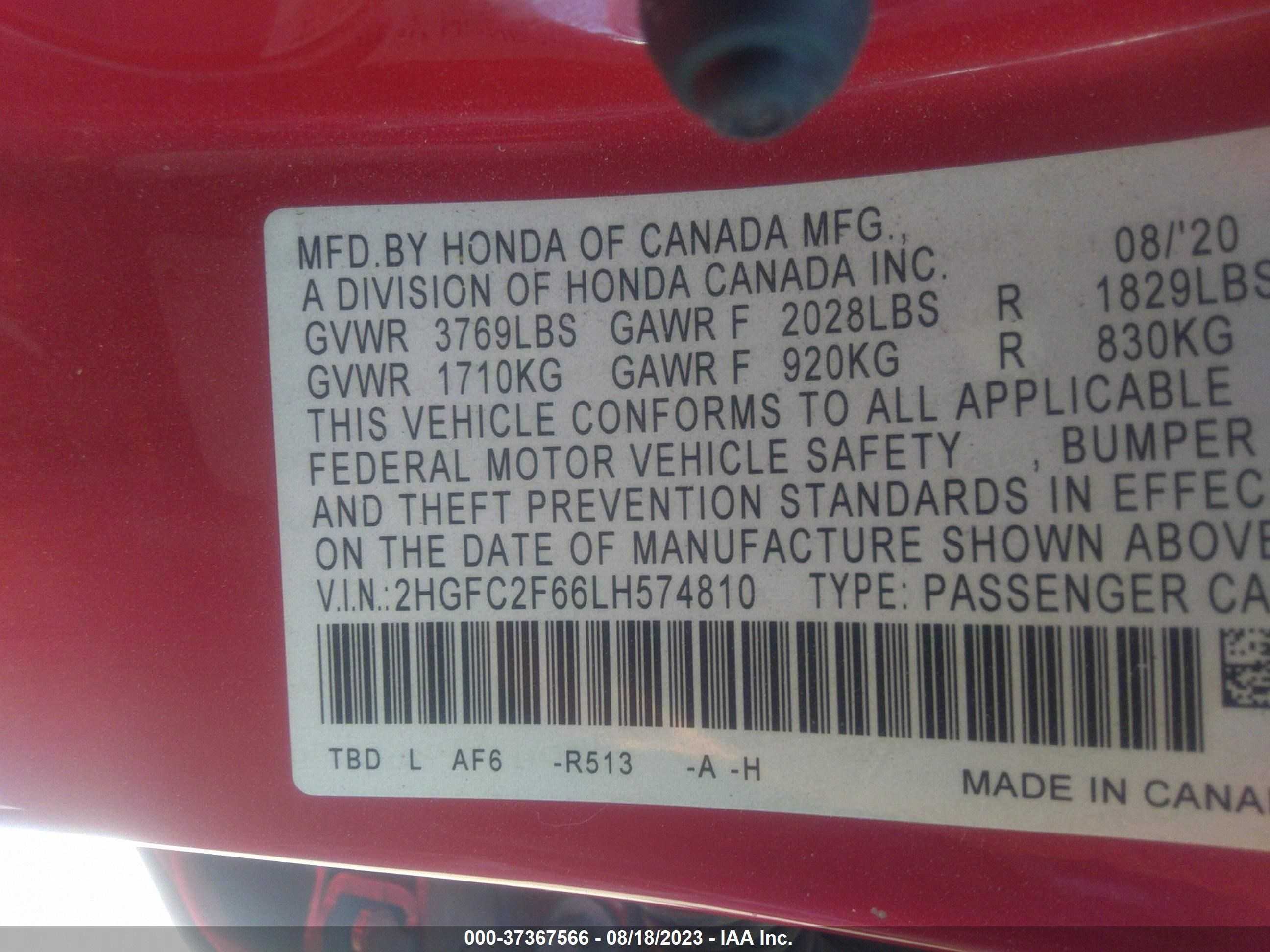 Photo 8 VIN: 2HGFC2F66LH574810 - HONDA CIVIC 