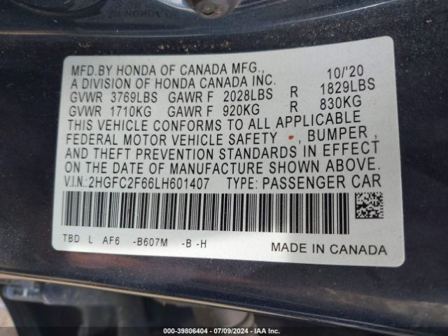 Photo 8 VIN: 2HGFC2F66LH601407 - HONDA CIVIC 