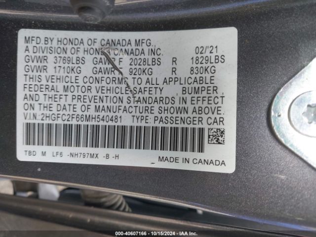 Photo 8 VIN: 2HGFC2F66MH540481 - HONDA CIVIC 