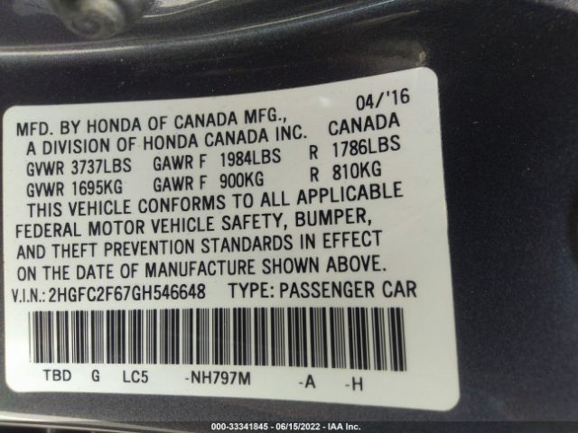 Photo 8 VIN: 2HGFC2F67GH546648 - HONDA CIVIC LX 