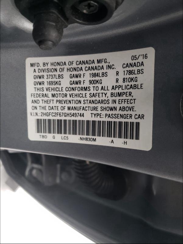 Photo 9 VIN: 2HGFC2F67GH549744 - HONDA CIVIC LX 