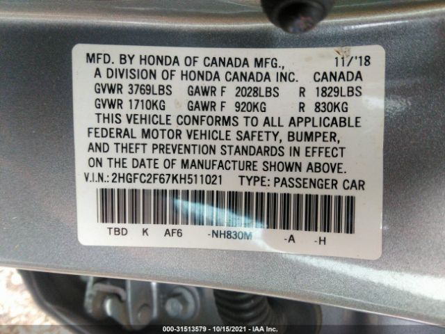 Photo 8 VIN: 2HGFC2F67KH511021 - HONDA CIVIC SEDAN 