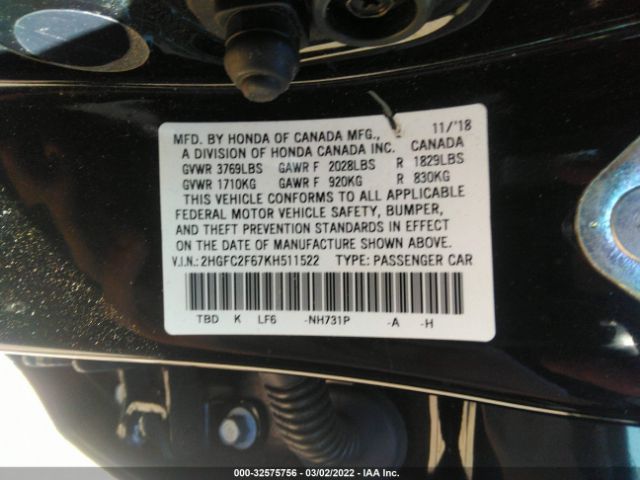 Photo 8 VIN: 2HGFC2F67KH511522 - HONDA CIVIC SEDAN 