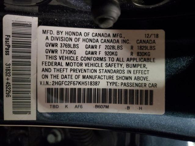 Photo 11 VIN: 2HGFC2F67KH518387 - HONDA CIVIC LX 