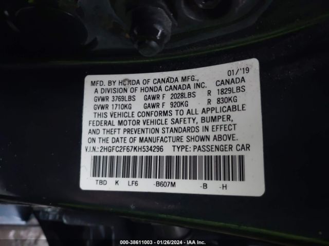 Photo 8 VIN: 2HGFC2F67KH534296 - HONDA CIVIC 