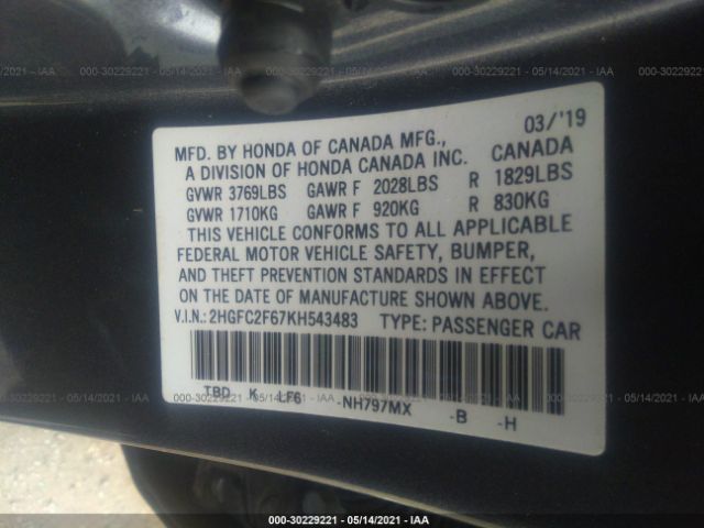 Photo 8 VIN: 2HGFC2F67KH543483 - HONDA CIVIC SEDAN 