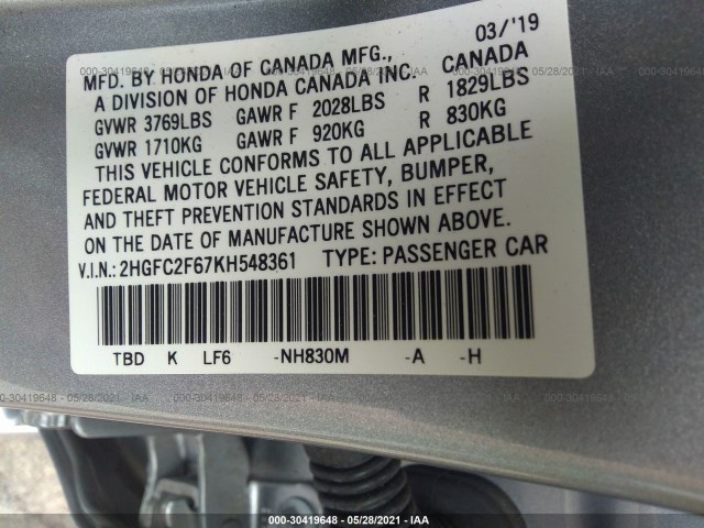 Photo 8 VIN: 2HGFC2F67KH548361 - HONDA CIVIC SEDAN 