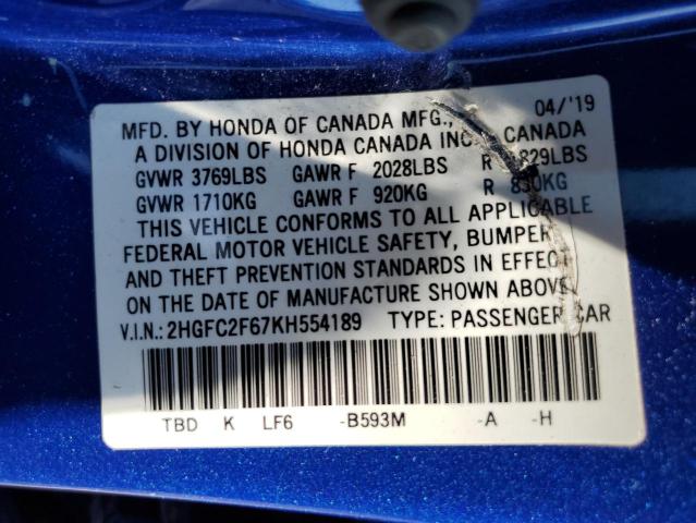 Photo 11 VIN: 2HGFC2F67KH554189 - HONDA CIVIC LX 