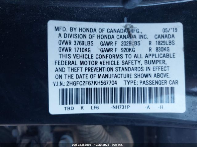 Photo 8 VIN: 2HGFC2F67KH567704 - HONDA CIVIC 