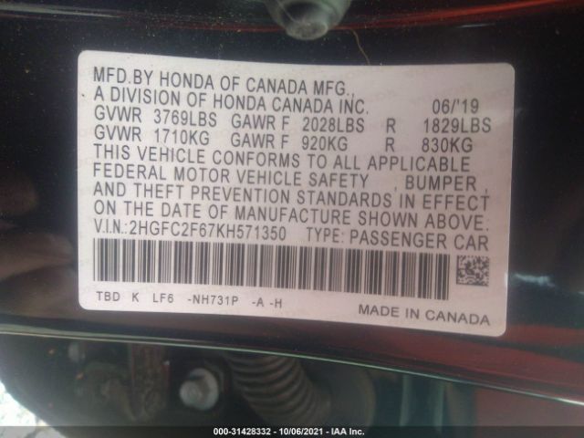 Photo 8 VIN: 2HGFC2F67KH571350 - HONDA CIVIC SEDAN 