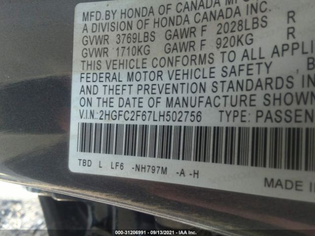 Photo 8 VIN: 2HGFC2F67LH502756 - HONDA CIVIC SEDAN 