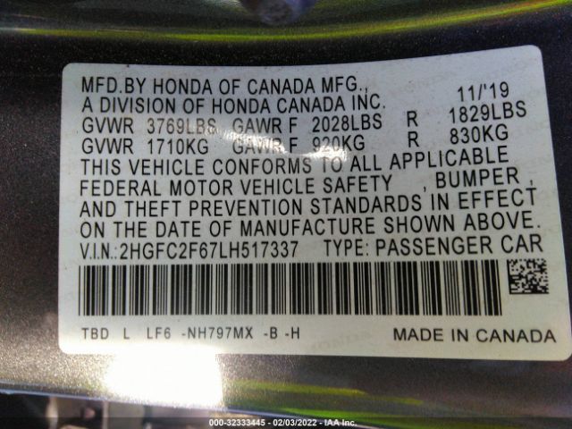 Photo 8 VIN: 2HGFC2F67LH517337 - HONDA CIVIC SEDAN 