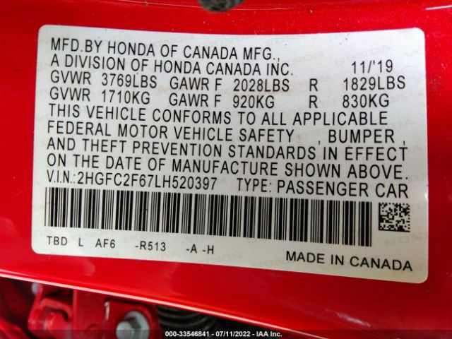 Photo 8 VIN: 2HGFC2F67LH520397 - HONDA CIVIC SEDAN 