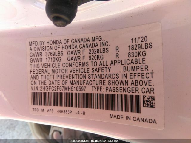 Photo 8 VIN: 2HGFC2F67MH510597 - HONDA CIVIC SEDAN 