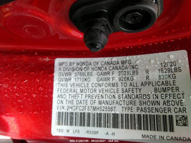 Photo 8 VIN: 2HGFC2F67MH525567 - HONDA CIVIC SEDAN 