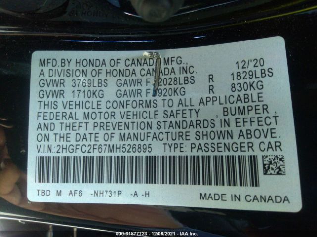 Photo 8 VIN: 2HGFC2F67MH526895 - HONDA CIVIC SEDAN 