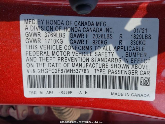 Photo 8 VIN: 2HGFC2F67MH537783 - HONDA CIVIC 