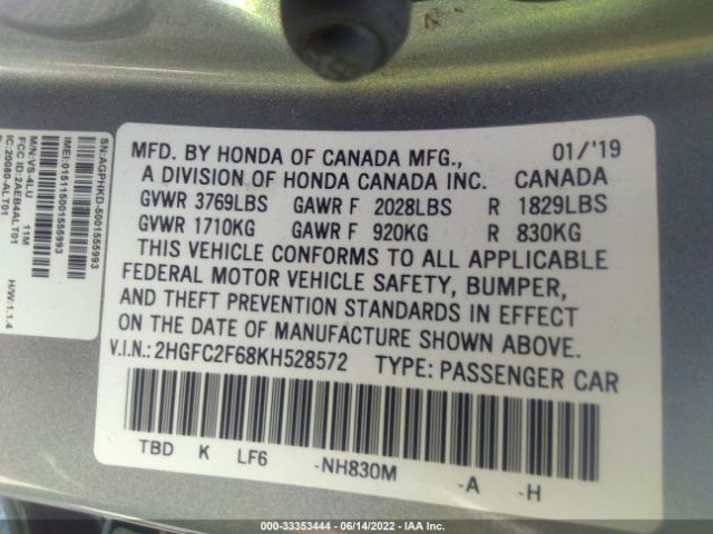 Photo 8 VIN: 2HGFC2F68KH528572 - HONDA CIVIC SEDAN 