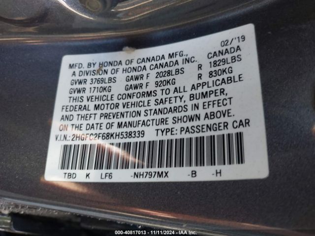 Photo 8 VIN: 2HGFC2F68KH538339 - HONDA CIVIC 