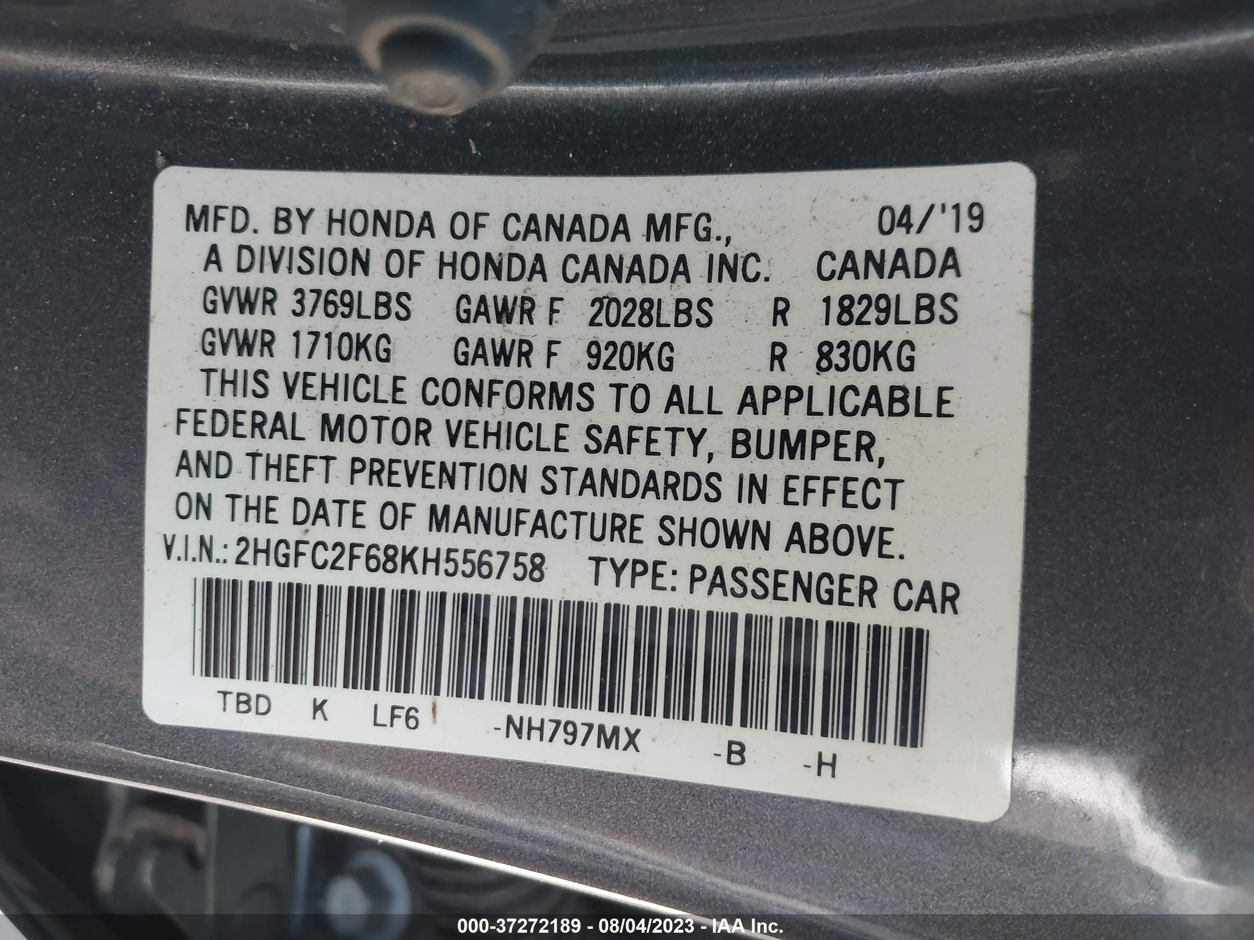 Photo 8 VIN: 2HGFC2F68KH556758 - HONDA CIVIC 