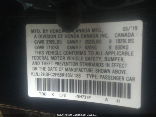 Photo 8 VIN: 2HGFC2F68KH561183 - HONDA CIVIC SEDAN 