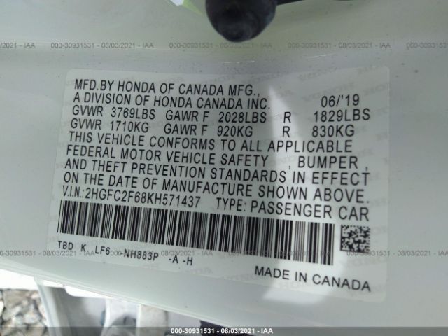 Photo 8 VIN: 2HGFC2F68KH571437 - HONDA CIVIC SEDAN 