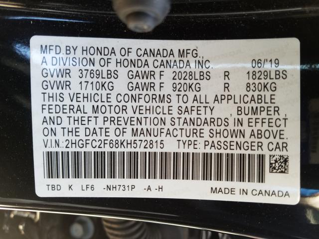 Photo 9 VIN: 2HGFC2F68KH572815 - HONDA CIVIC LX 