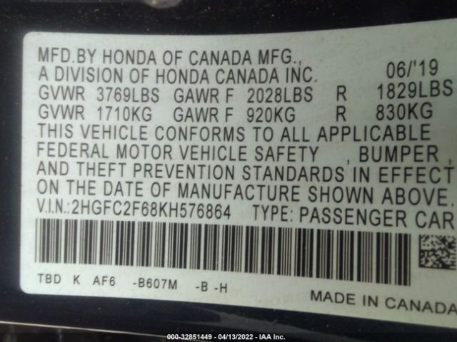 Photo 8 VIN: 2HGFC2F68KH576864 - HONDA CIVIC SEDAN 