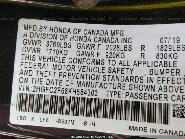 Photo 8 VIN: 2HGFC2F68KH584303 - HONDA CIVIC SEDAN 