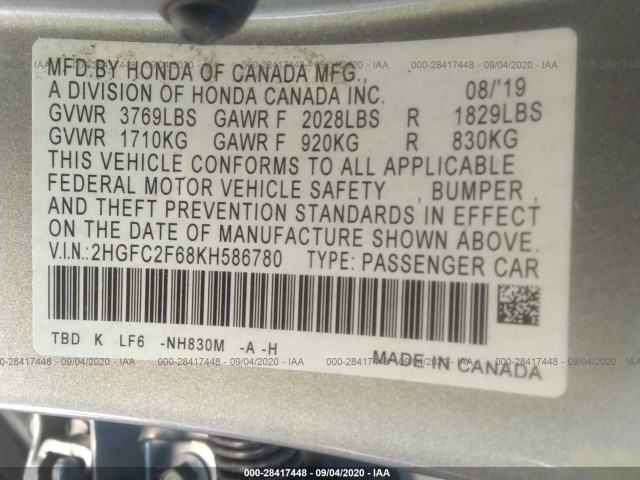 Photo 8 VIN: 2HGFC2F68KH586780 - HONDA CIVIC SEDAN 