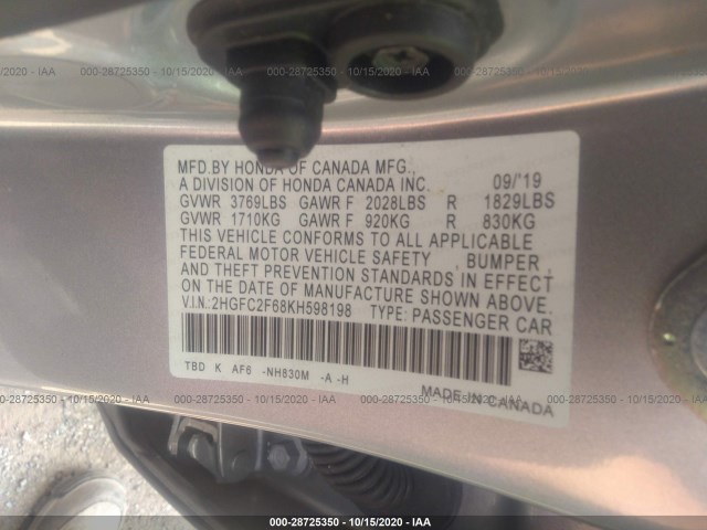 Photo 8 VIN: 2HGFC2F68KH598198 - HONDA CIVIC SEDAN 