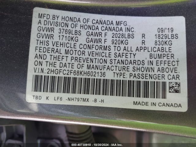 Photo 8 VIN: 2HGFC2F68KH602136 - HONDA CIVIC 