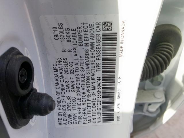 Photo 9 VIN: 2HGFC2F68KH604744 - HONDA CIVIC LX 