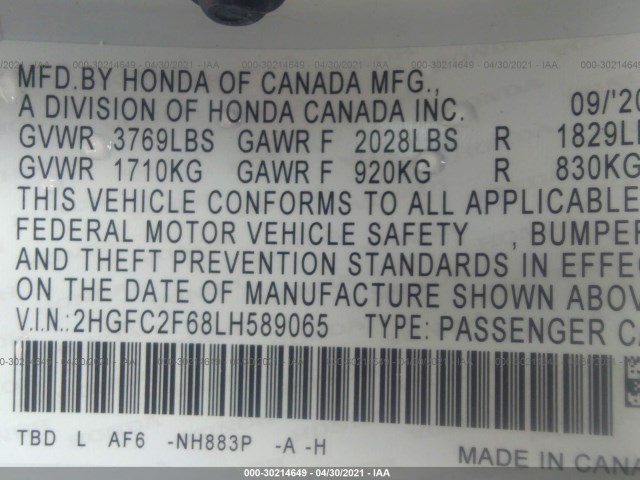 Photo 8 VIN: 2HGFC2F68LH589065 - HONDA CIVIC SEDAN 