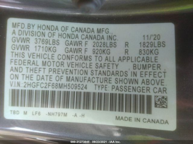 Photo 8 VIN: 2HGFC2F68MH509524 - HONDA CIVIC SEDAN 