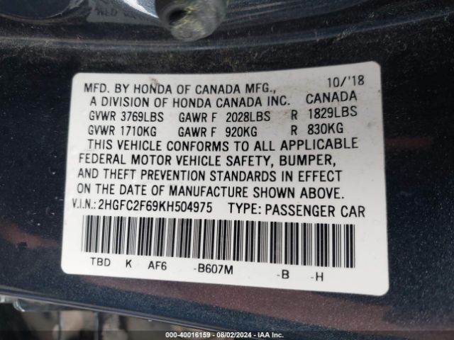 Photo 8 VIN: 2HGFC2F69KH504975 - HONDA CIVIC 