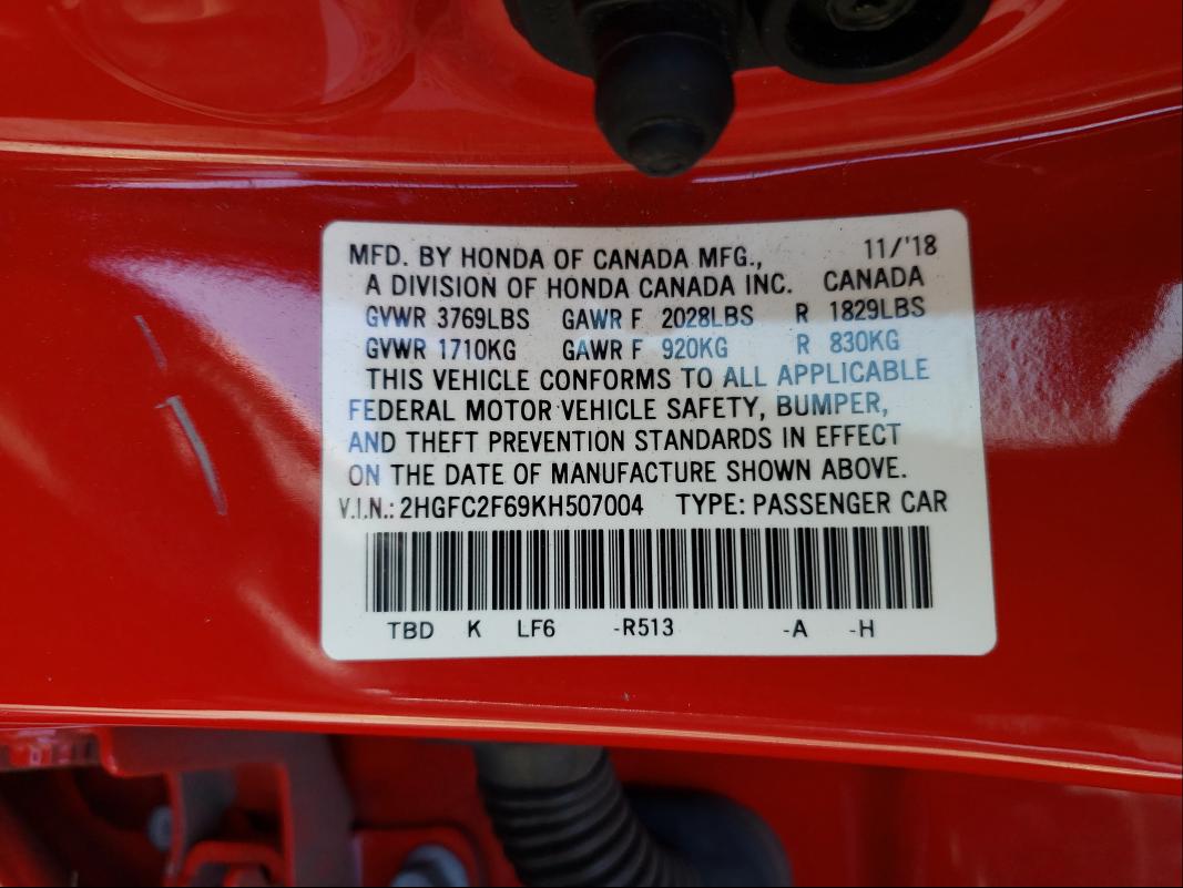 Photo 9 VIN: 2HGFC2F69KH507004 - HONDA CIVIC LX 