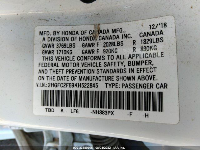 Photo 8 VIN: 2HGFC2F69KH522845 - HONDA CIVIC SEDAN 