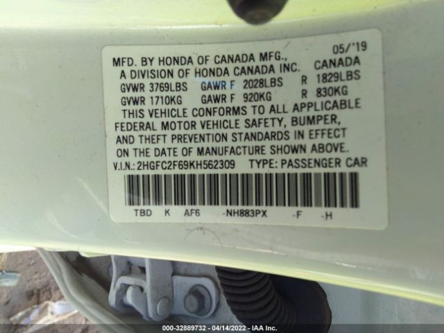 Photo 8 VIN: 2HGFC2F69KH562309 - HONDA CIVIC SEDAN 