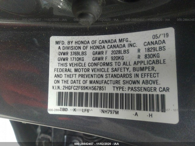 Photo 8 VIN: 2HGFC2F69KH567851 - HONDA CIVIC SEDAN 