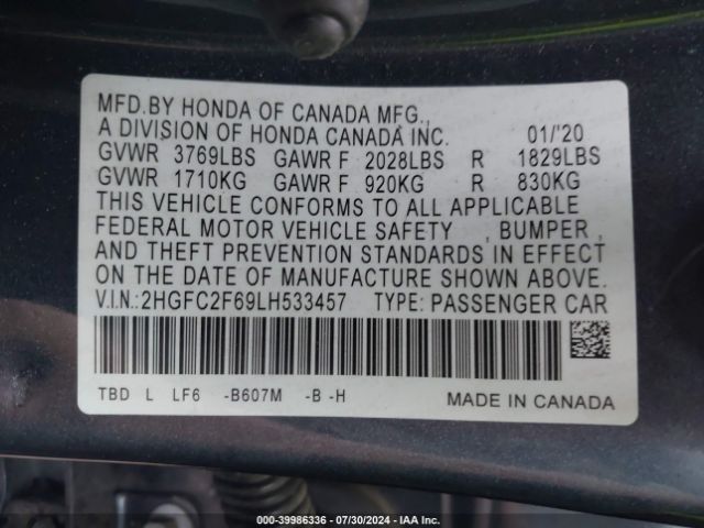 Photo 8 VIN: 2HGFC2F69LH533457 - HONDA CIVIC 