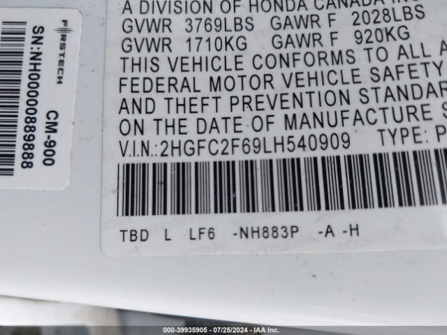 Photo 8 VIN: 2HGFC2F69LH540909 - HONDA CIVIC 