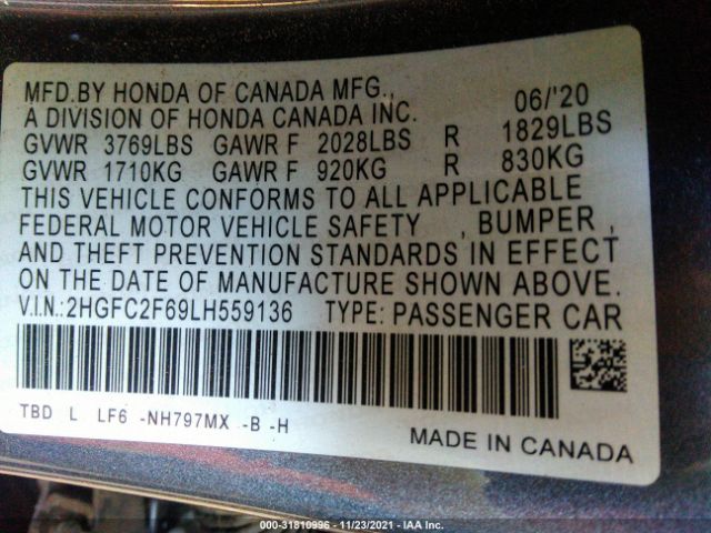 Photo 8 VIN: 2HGFC2F69LH559136 - HONDA CIVIC SEDAN 