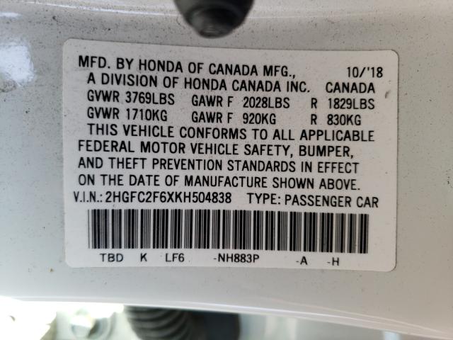 Photo 9 VIN: 2HGFC2F6XKH504838 - HONDA CIVIC LX 