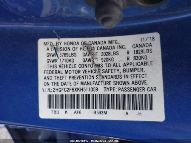 Photo 8 VIN: 2HGFC2F6XKH511059 - HONDA CIVIC 